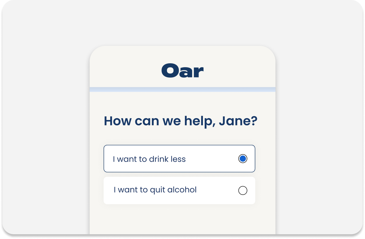 Screenshot of the Oar app with a question asking 'How can we help, Jane?'