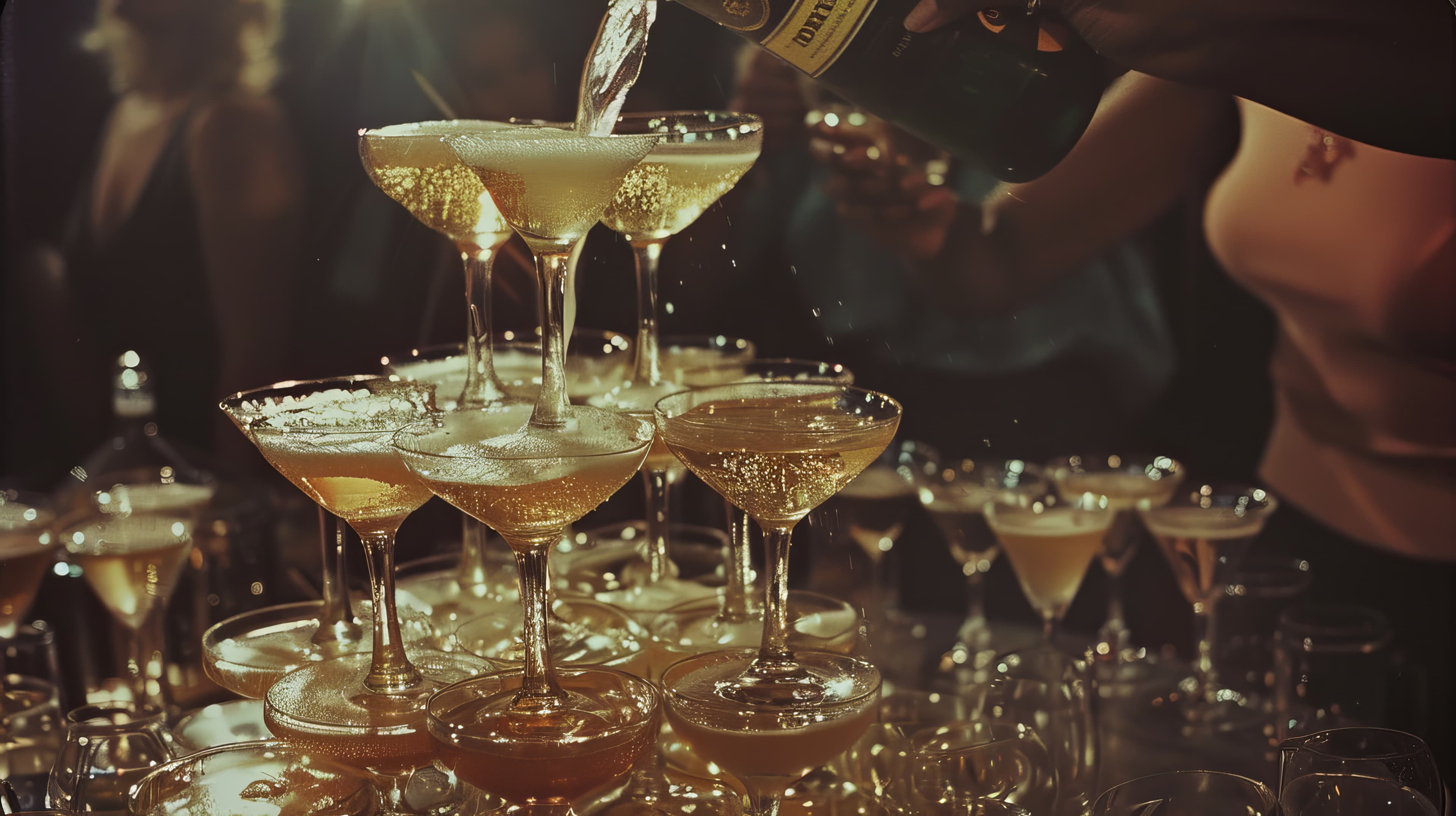 Champagne being poured onto a tower of glasses in a VIP area of a celebrity filled bar.