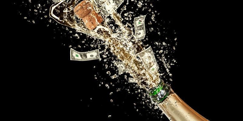 A bottle of champagne bursting open and money flowing out