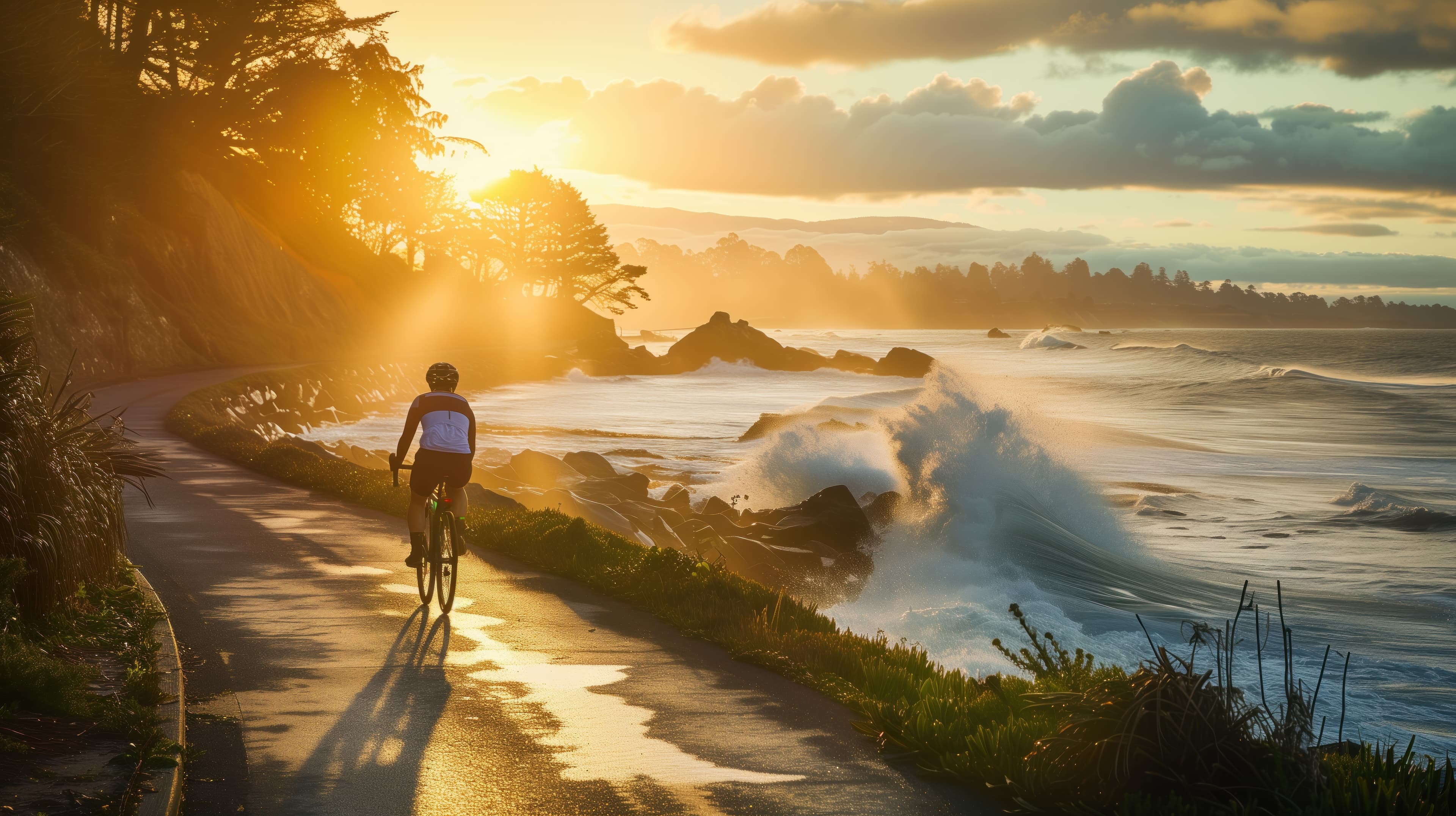 A cyclist riding along a scenic coastal path at sunset